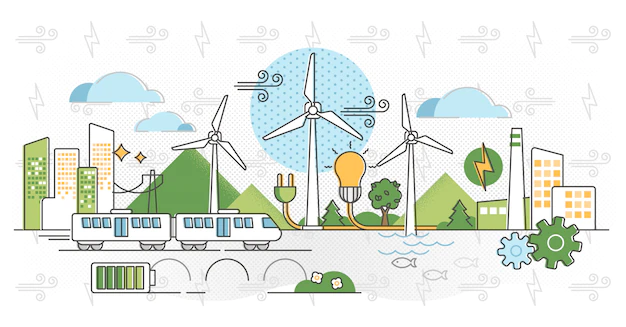 Enerji kaynakları ve elektrik kullanımını anlatan çizim